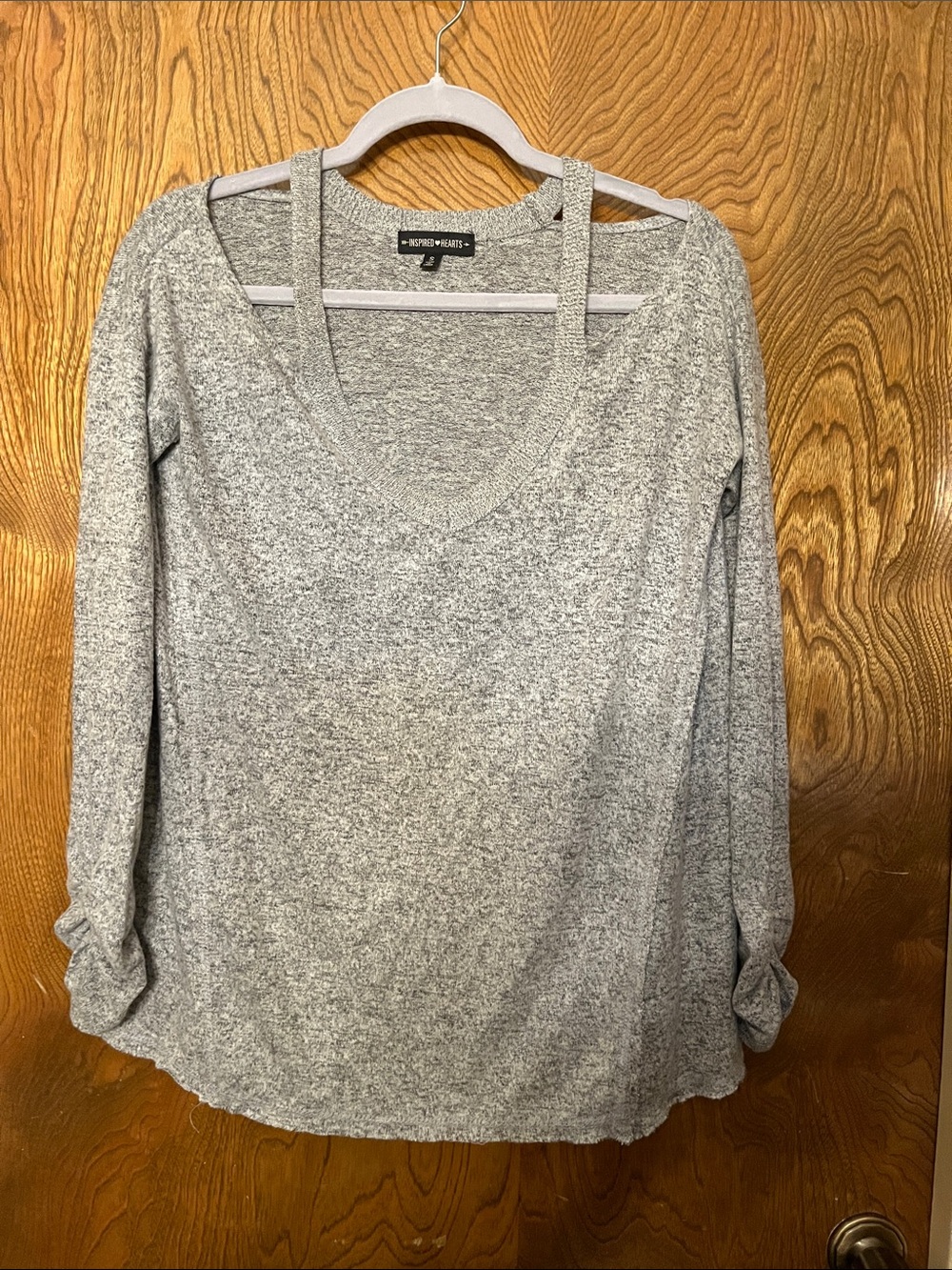 S Inspired Hearts Heather Gray V-Neck Long Sleeve Pullover